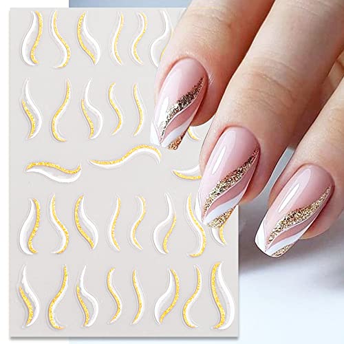 3D Glitter French Lines Nail Stickers For Nail Art Wavy Line Nail Art Stickers Swirl Lines Nail Decals French Nail Sticker White Gold Geometric Strip Curve Nails Stickers Nail Decor Stickers For Nails #TOP2