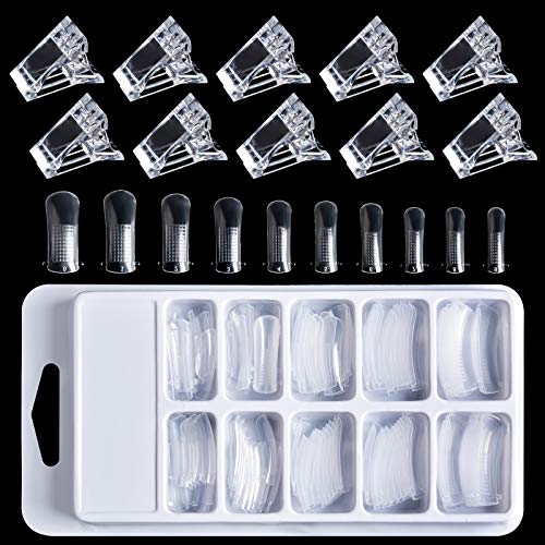 100Pcs False Nail Molds Dual Clear Nail Extension Forms Tips with 10Pcs Quick Building Gel Nail Tips Clips, Kalolary Full Cover Nail System Forms Set for UV Poly Gel LED Builder Manicure Tools