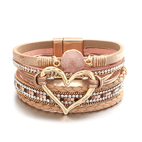 Hotoo Leather Wrap Bracelet For Women Khaki Beaded Cuff Bracelet With Heart-Shape Decor Bohemian Crystal Bracelet Jewelry With Clasp Bangle Bracelet For Women Girls Birthday Holiday Gift #TOP22