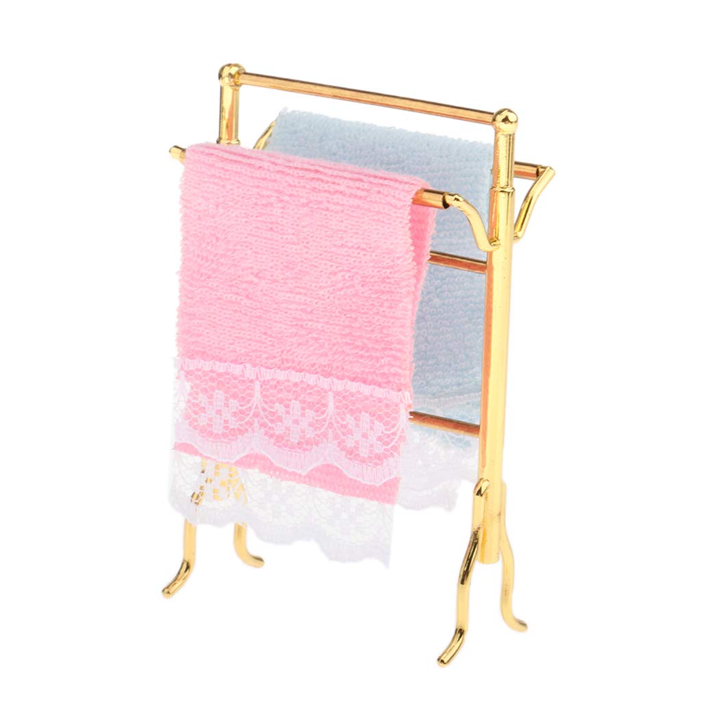 Skkwjege 1/12 Scale Dollhouse Miniature Towel Rack With 2 Towels Set Bathroom Accs