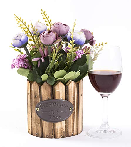 Artificial Flower In Wood Pot Mini Fake Floral Bouquet Indoor Outdoor Home Wedding Decoration - Purple #TOP2