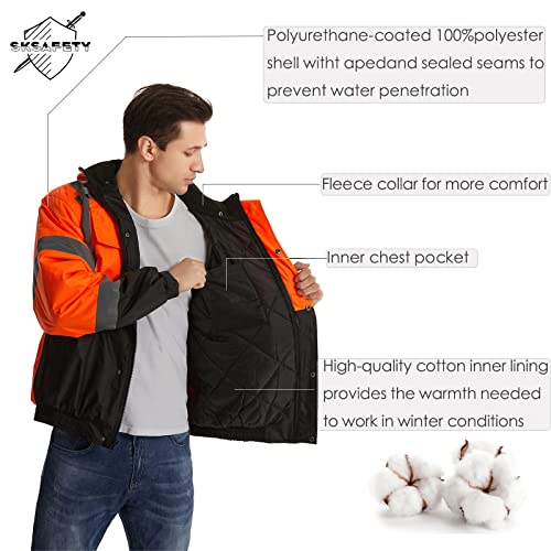 Sksafety High Visibility Reflective Jackets For Men, Waterproof Class 3 Safety Jacket With Pockets, Hi Vis Orange Coats With Black Bottom, Mens Work Construction Coats For Cold Weather, Medium, 1 Pack #TOP3