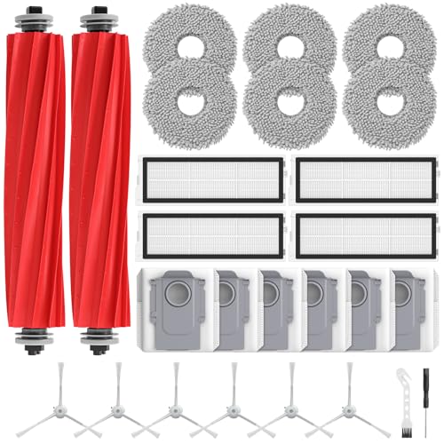 isinlive 26 Stück Zubehör Ersatzteile für Roborock Qrevo Pro/Qrevo S/Qrevo MaxV Saugroboter 2 Rollenbürste 4 HEPA-Filter 6 Staubbeutel 6 Wischtücher 6 Seitenbürsten 1 Reinigungsbürste