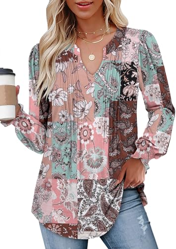 BETTE BOUTIK Long Sleeve Shirts for Women Fall Tops Dressy Blouses Pleated V Neck Tunic Tops for Leggings S-3XL