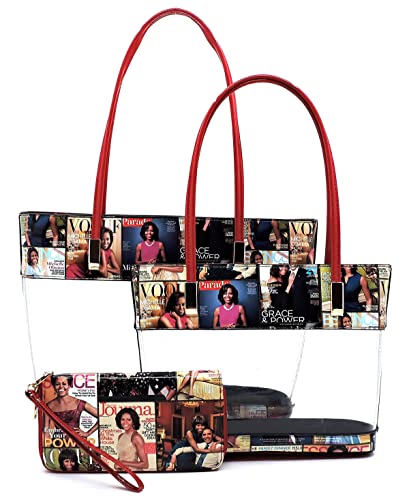 Bolso tote transparente con estampado de portada de revista de Michelle Obama, 3 en 1 (bolso y billetera), cuero vegano sintético, cierre con cremallera, acabado dorado miniatura 1