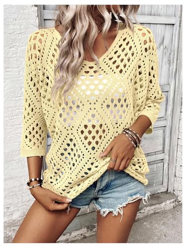 Image of Verdusa Women's Crochet Beach Summer Sweater 3 /4 Length Sleeve Boho Off The Shoulder Tops