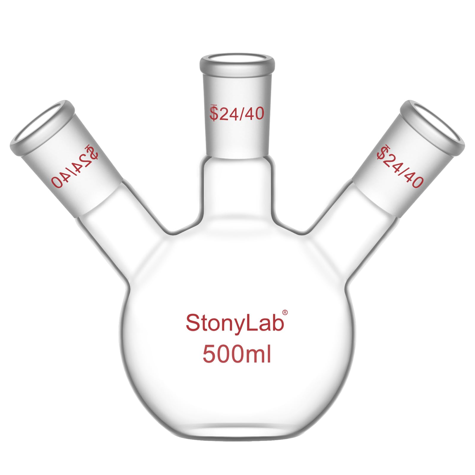 stonylab Fiole à Fond Plat à 3 Cols, Verre Borosilicate, Joint Standard 24/40, Fiole de Réaction de Laboratoire de Chimie, Capacité 500 ml