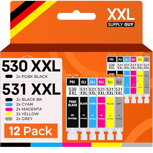 Supply Guy 530 531 XXL Druckerpatronen kompatibel mit Canon PGI-530 CLI-531 Patronen passend für PIXMA TS8750 TS8751 TS8550 TS8551 Multipack 12 Tintenpatronen