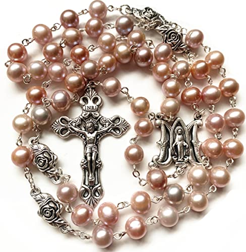 elegantmedical CATHOLIC AAA 8mm REAL PEARL Pearls SILVER ROSE BEADS ROSARY CROSS NECKLACE BOX4