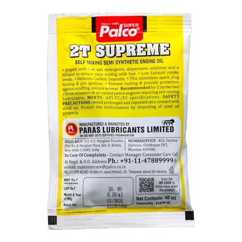 Image of PALCO 2T-SUPREME Engine Oil 40ml Pouch API: TC JASO: FC Small Packet Semi-Synthetic 2-Stroke Petrol Mix Additive for 2 Stroke Bike Scooter Scooty Auto 3 Wheller (40ml X 20 Piece Pouch)