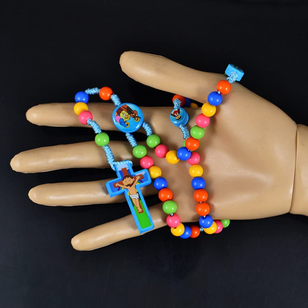 Kimu Collar de rosario con colgante de cruz de Jesús, joyería religiosa para niños y niñas, 8mm, Madera, Perla