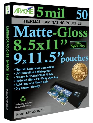 Image of Apache Letter Size Matte-Gloss Laminating Pouches, 5 Mil, 50 Pack, Holds 8.5 x 11 Inch Projects (9x11.5 inch Pouch Size), Thermal Laminator Laminating Sheets, Clear, Round Corners, Elite Specialty Line