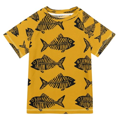 Boys Short Sleeve T-Shirts Fish Bones Yellow Pattern Rashguard Kids Swim Shirts Sun UPF 50+