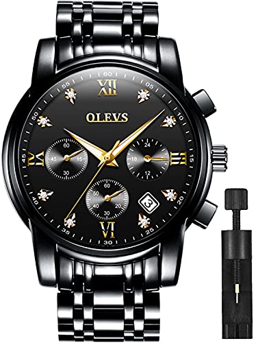 OLEVS Men’s Waterproof Analog Quartz Business Nice Watch Black Stainless Steel Chronograph Luminous Date Business Luxury Dress Diamond Black Face Wrist Watch