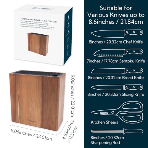 KITCHENDAO XL Acacia Wood Universal Knife Block Holder with Slots for Scissors and Sharpening Rod, Safe, Space Saver Knives Storage Stand Display Without Knives, Unique Slot Design to Protect Blade - Image 6