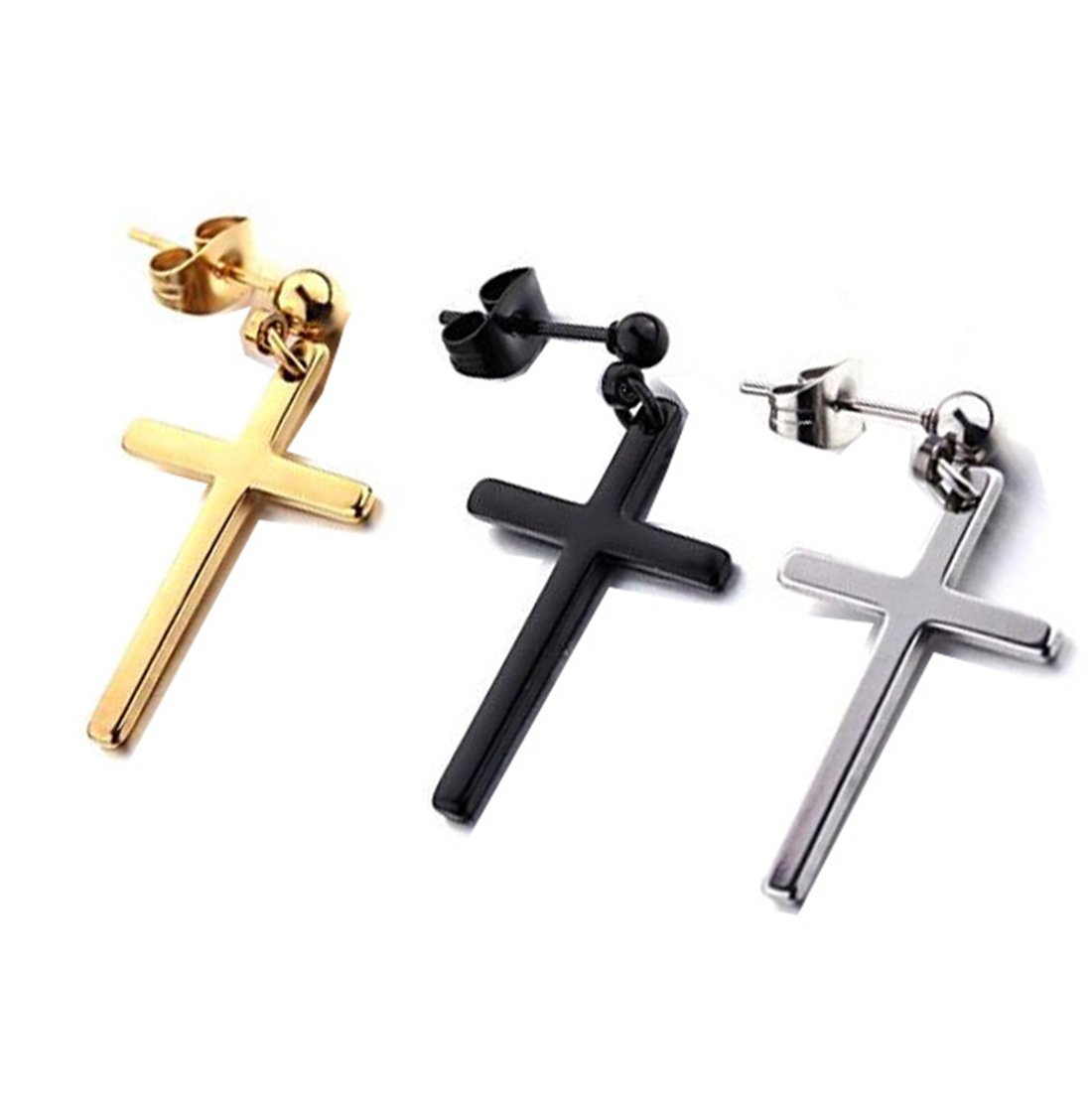 Stainless Steel Cross Dangle Hinged Stud Earrings Set for Men Women 3 Pairs (3Colours(3 Pairs))