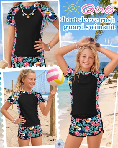 Image of Xaatren Girls 2 Piece Rash Guard Swimsuit | Quick Dry Bathing Suits, Short Sleeve Floral Beach Swimwear, Summer Tee and Boyshort Sets, Protection, Hawaiian, 7-16 Year