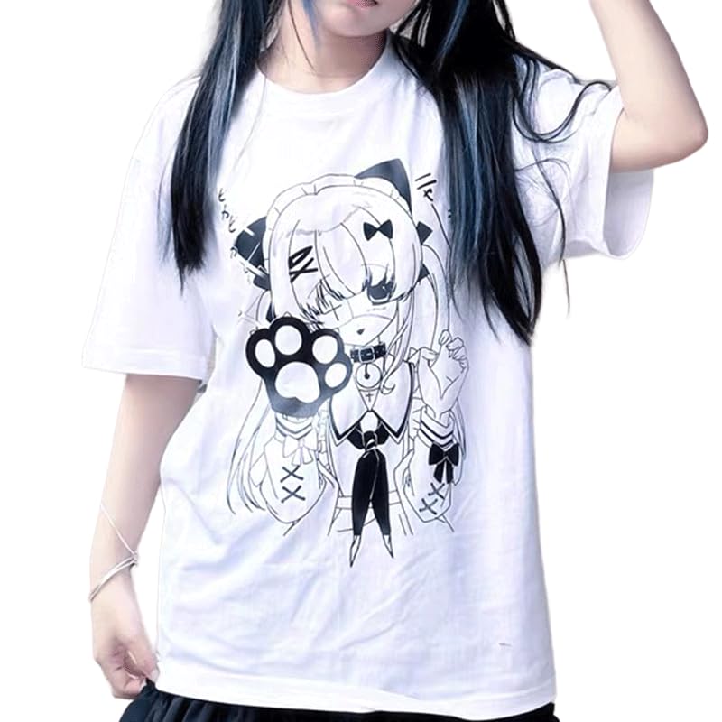 Harajuku Y2K Kawaii Gothic Clothes Casual Loose Soft Crewneck Cute Cartoon Anime Girl with Paw Print T-Shirt