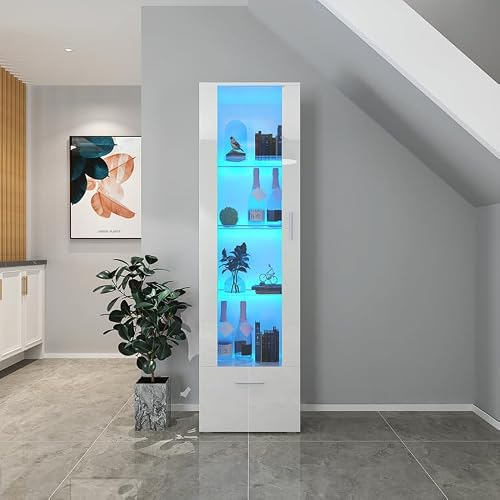 Miniatura 7 de Joiemebi Vitrina Led Con Puerta Y Estantes De Cristal, Luces Para Armario De Almacenamiento, Para Salón De Oficina, 42 X 30 X 160 Cm 1, Blanco