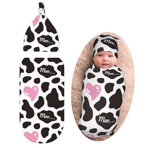 Image of Cow Print Baby Stuff Newborn Swaddle Blankets Pink Heart Baby Wrap Blanket Soft Stretchy with Beanie Hat Sets Gifts for Infant Boy Girl