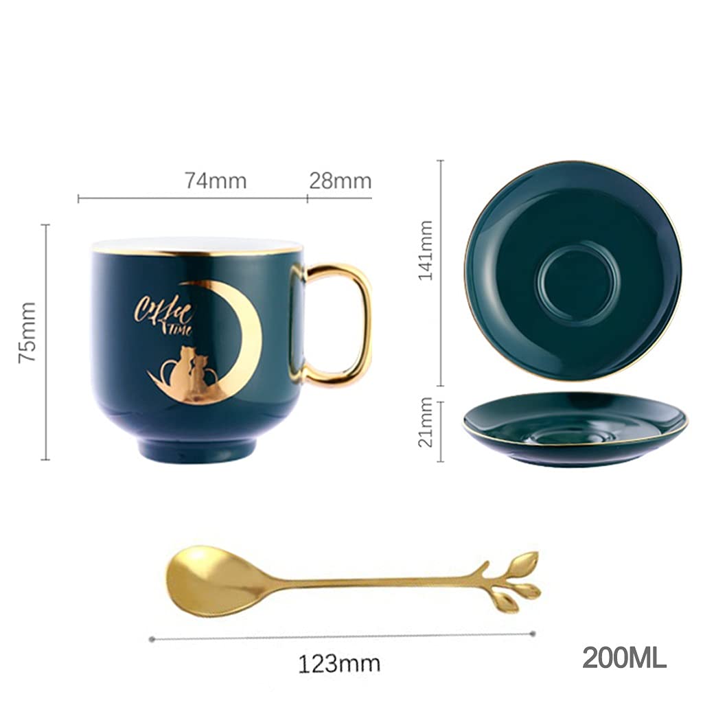 Porcelana Taza de té y Platillo Conjunto Taza de Café, 6 oz Taza de Taza de café con platillo para Latte, Café, té, Porcelana de Primera Calidad Patrón de Hoja de rima de Oro Hecho a Mano.