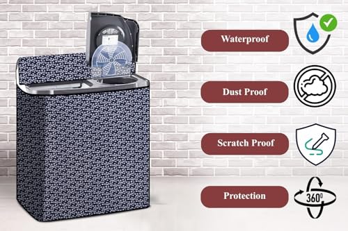 Image of The Furnishing Tree Semi-Automatic Top Load Washing Machine Cover | Waterproof & Dustproof | Easy to Clean | Inlet & Outlet Pipe Provision | Durable & Washable, Leaf Blue Polyester (53.5x89x99 CM)
