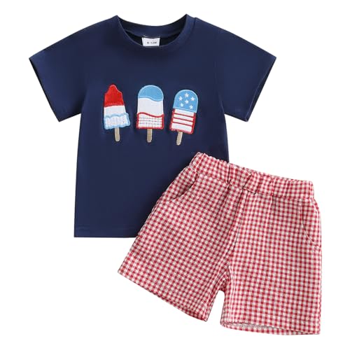 Image of 4th Of July Toddler Boy Outfit Popsicle American Flag T-Shirt and Gingham Plaid Shorts Set Independence Day Clothes