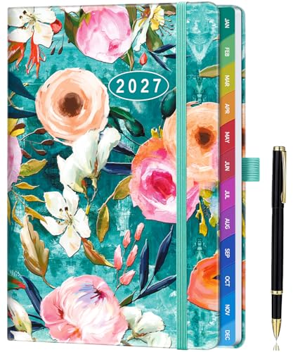 ZXHQ 2027 Diary A5 Week to View, Jan - Dec, 2027 Full Year Weekly and Monthly Planner, Colorful Tabs, UK Holiday, with Pen, Inner Pocket - Painterly Bloom