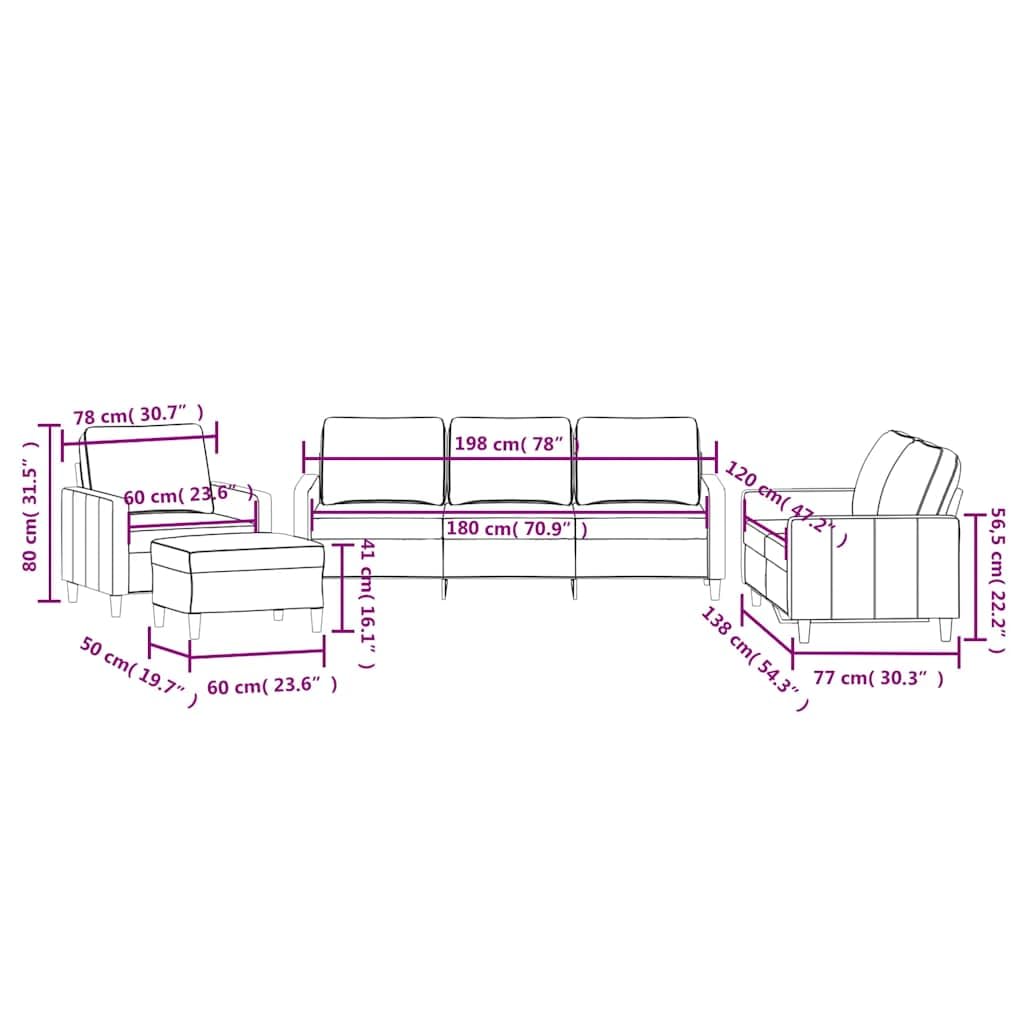 Juego de 4 sofás de terciopelo marrón – Moderno juego de sofá incluye 3 plazas, 2 plazas, sillón y reposapiés con 6 cojines – Elegante conjunto de sofá para salón y salón