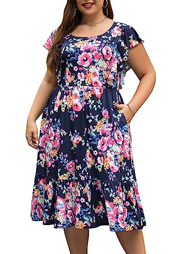 Image of Keluummi Plus Size Women 2023 Summer Casual Cute Boho Floral Flutter Sleeve Tiered Midi Dress with Pocket