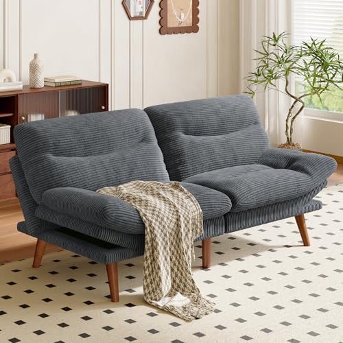 Image of Amada 75 inch Convertible Futon Sofa Bed, Corduroy Folding Futon Set with Adjustable Backrest &Armrests, Recliner Lounge for Living Room, Apartment or Office, Solid Wood Frame, Loveseat Sofa -Dark Grey