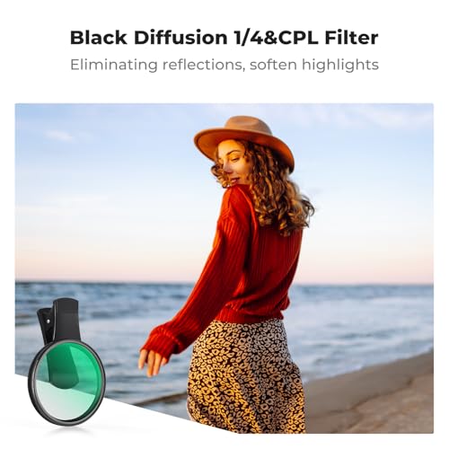 Image of K&F Concept 67mm Clip-on Black Diffusion 1 /4&CPL Phone Camera Lens Filter Kit, Mist Cinematic Effect Filter Compatible with iPhone 16 15 14 13 12 11, for Video /Vlog /Portrait Photography | Mist Cinematic Effect Filter Compatible with iPhone 16 15 14 13 12 11, for Video /Vlog /Portrait Photography, FP101