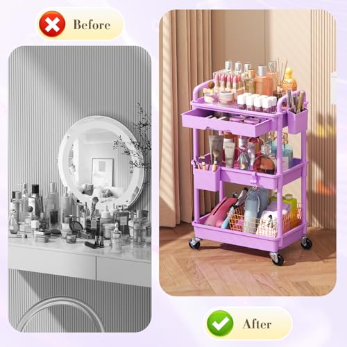Image of SUNALLY Makeup Cart Organizer with Drawer,3 Tier Rolling Makeup Cart,Purple