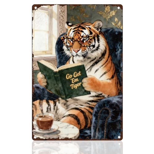DOODLREAM Plaque en tôle amusante de tigre - Décoration murale rétro en métal - 20 x 30 cm - Poster mural vintage - Go Get Em - Pour la maison, les cafés,...