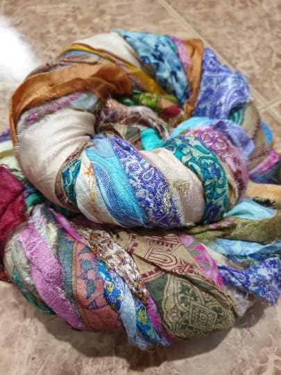 Vintage Fabrics Crafts 42 Yards Unstitched Silk Sari Ribbon 100 Strips Yarn Tassels SKEINS Dull Muted Shades Journal Scrapbook Craft Project Decor Strips India lot Beauty