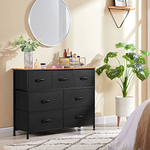 Somdot Dresser, 7-Drawer Fabric Storage Tower For Bedroom, Nursery, Entryway, Closets, Tall Chest Organizer Unit With Large Capacity Fabric Bins - Black/Rustic Brown #TOP3