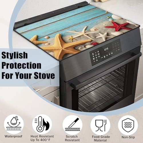 Image of Starfish Seashells Stove Top Covers for Electric Stove,Blue Wood Board Glass Top Stove Cover, Heat Resistant Range Covers for Electric Stove,Washable Countertop Mat, 28 x 20 Inch