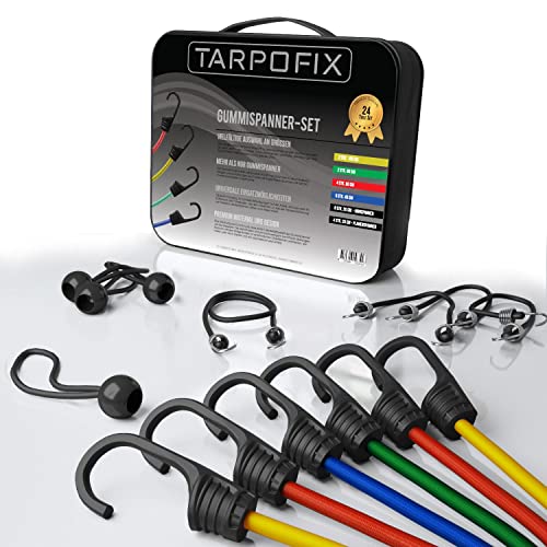 Tarpofix® Premium bagagespanner, rubberen spanner, 24-delige universele spanner-expanderset incl. zeilspanner kort, extra sterke spanrubbers met haken voor fiets, motorfiets en auto (25 - 100 cm lengte)