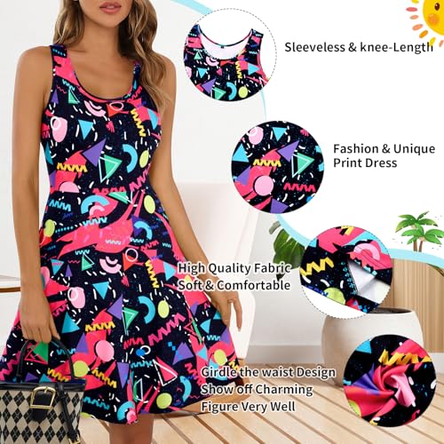 Image of uideazone Women Funny Print Sleeveless U Neck A Line Casual Midi Dress | Soft Stretchy Breathable Fabric Flared Swing Sundress Fitted Waist for Daily Wear 80 /90s Themed Party Beach Vacation Trips