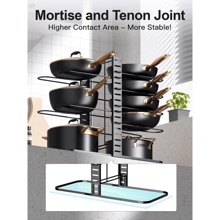 Image of 8-Tier Pots and Pans Organiser Rack for Cabinet, Adjustable Black8-Tier Pots and Pans Organizer Rack for Cabinet, Heavy Duty Adjustable Cookware Storage Holder for Pots, Pans
