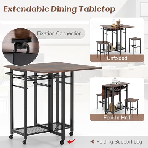 COSTWAY 3 Piece Dining Table Set, Kitchen Table and 2 Folding Chairs with Storage Shelves, Anti-Toppling Device & Large Base, Metal Frame Bar Table Set for Kitchen Dining Room (Rustic Brown) 4 COSTWAY 3 Piece Dining Table Set, Kitchen Table and 2 Folding Chairs with Storage Shelves, Anti-Toppling Device & Large Base, Metal Frame Bar Table Set for Kitchen Dining Room (Rustic Brown) - Image 4