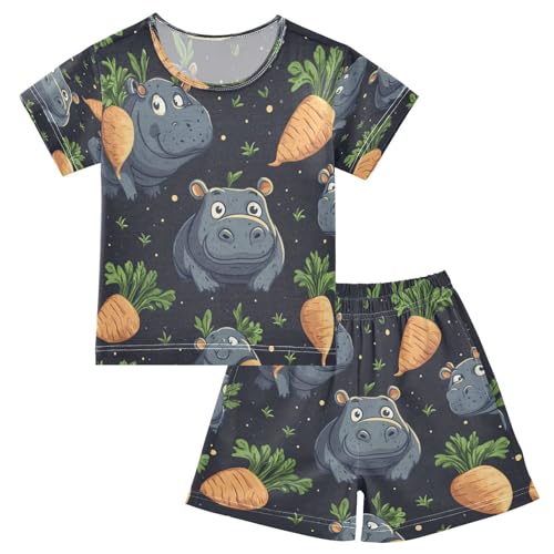 Pajama Sets Short Sleeve Cute Cartoon Hippo with Carrots Soft Cotton Summer Sleepwear 2 Piece PJS Size 5-14T