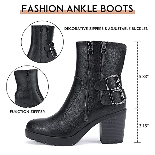 Centropoint Women's Fashion Chunky Heel Ankle Boots Goth Side Zip Buckles Knight Boot Ladies Party Round Toe Combat Booties(Black Pu, Numeric_9) #TOP2