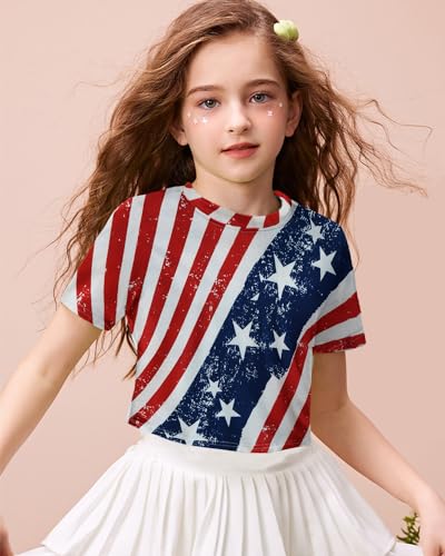 DDSOL Girls July 4th Crop Tops Patriotic Shirt American Flag Short Sleeve Tshirts for Girl 6-14 Years3
