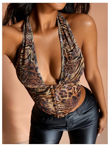 MakeMeChic Women's Cheetah Print Top Halter Corset Top Sexy Deep V Neck Going Out Tops3