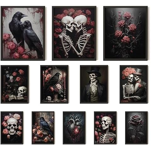 97 Decor Romantic Gothic Wall Decor - Skull Decor For Home, Vintage Gothic Decor For Bedroom, Goth Room Decor Aesthetic, Dark Raven Skull Wall Art, Gothic Pictures Skeleton Art Prints (8x10 Unframed) Cover