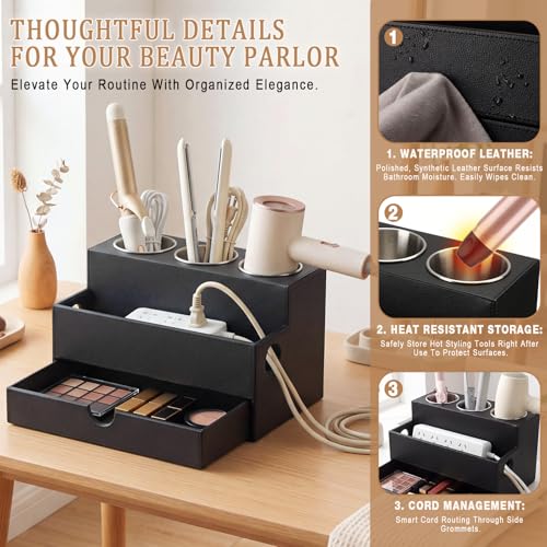 Image of AceOrbit Leather Hair Tool Organizer with Drawer Back to School Gift Bathroom Vanity Organizer Black Blow Dryer Hot Styling Tool Hair Holder for Countertop Curling Iron Flat Iron Straightener Makeup