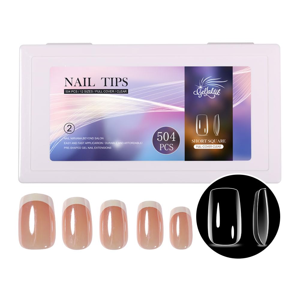 GELLAKTIK Short Square Nail Tips 504PCS, Clear Acrylic Full Cover Gel Press on Nail Tips for DIY Salon, 12 Sizes Pre-Shaped False Nails with Glossy