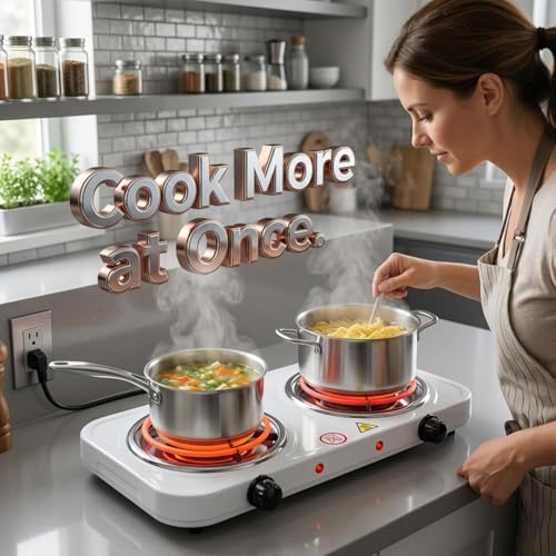 Image of Electric Double Burner Coil Cooktop Portable Countertop Cooking Stove with Dual Heating Plates Temperature Control for Home Kitchen Dorm Office Camping and Travel Use 1PCS