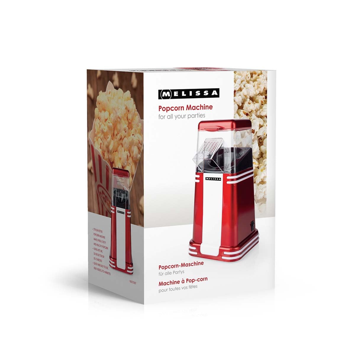 Melissa Máquina de palomitas de maíz retro 16310187, 1200 W, 40-60 g por porción, lista en 2-4 minutos, sin aceite ni mantequilla, fácil de limpiar, diseño compacto, rojo/blanco